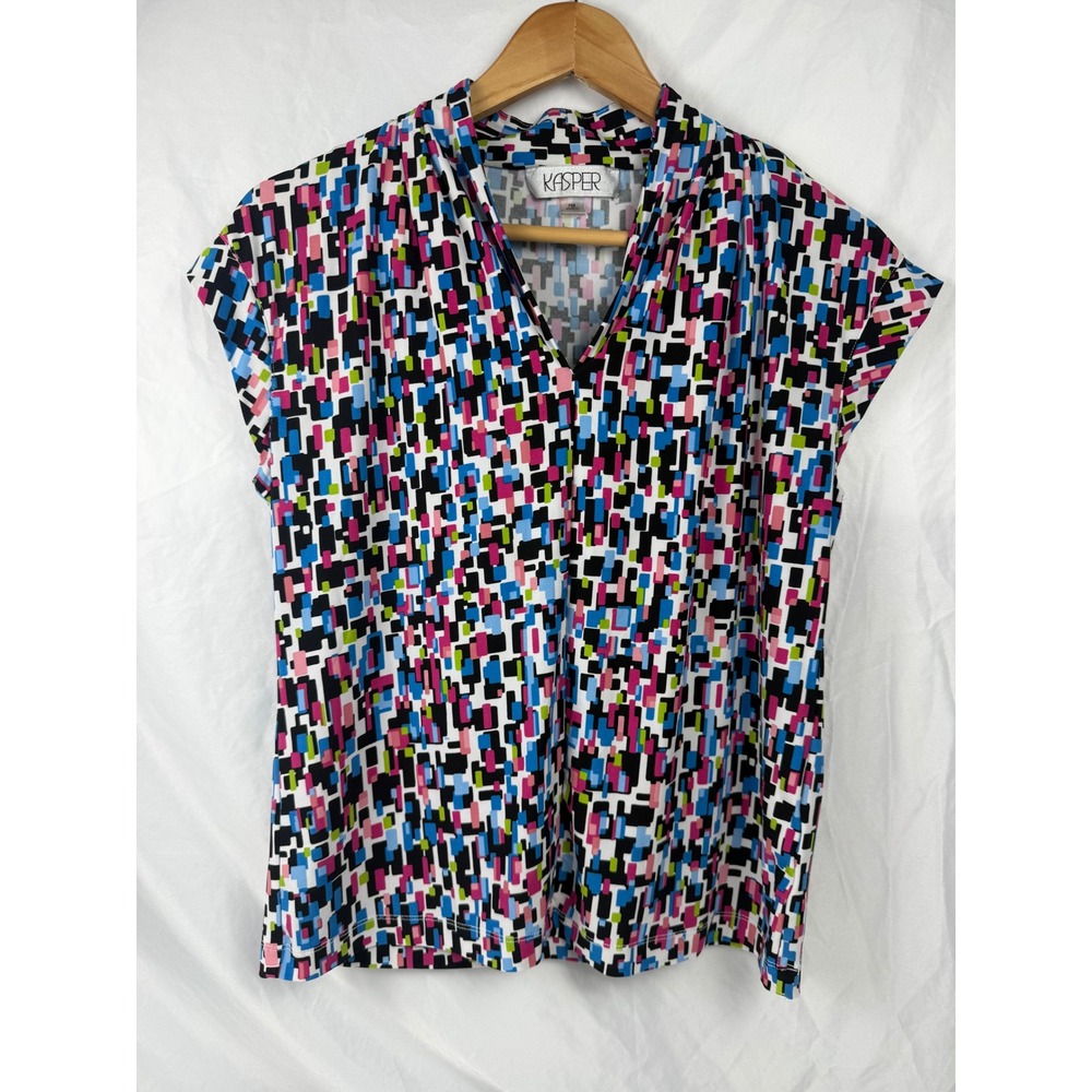 Kasper Womens PM Petite Multicolor Geometric V-Neck Cap Sleeve Blouse Top